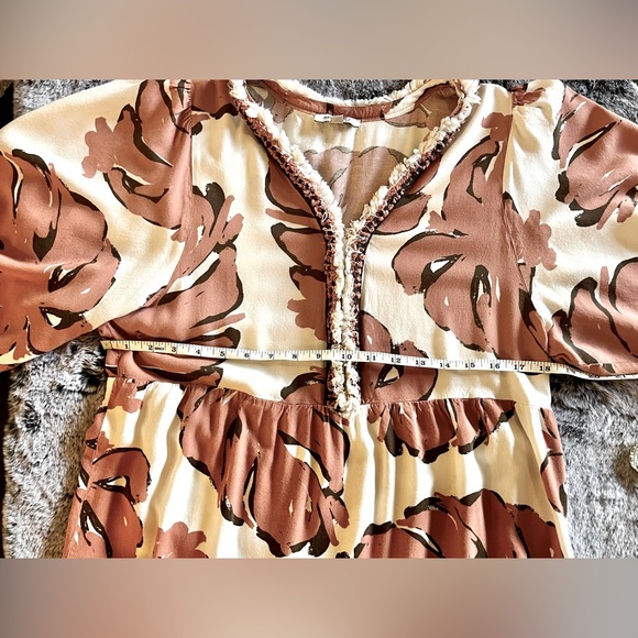 Cream & Terracotta Palm Pattern Tiered Sundress Bishop Sleeves Large GUC Flawed - Picture 12 of 16